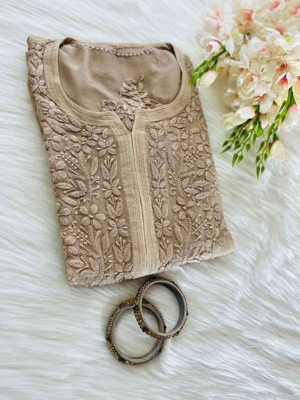 Viscose Chikankari Kurtis-BEIGE